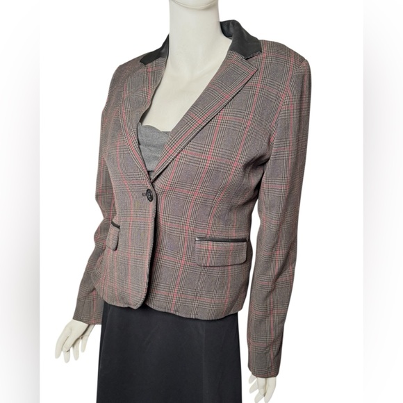 Willi Smith blazer wmns 8 Glen plaid red gray faux leather collar single button - Picture 1 of 11